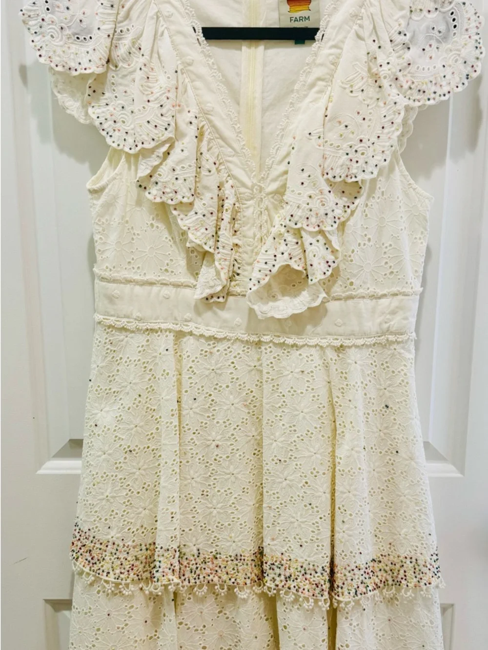 FARM Rio Ivory Eyelet Ruffle V-Neck Dress with Multicolor Beaded Dots - Picture 9 of 16